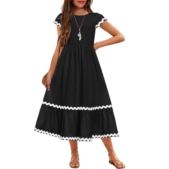 Arshiner Girls Summer Maxi Dresses Short Sleeve Casual Flowy Tiered A-Line Dress with Pockets