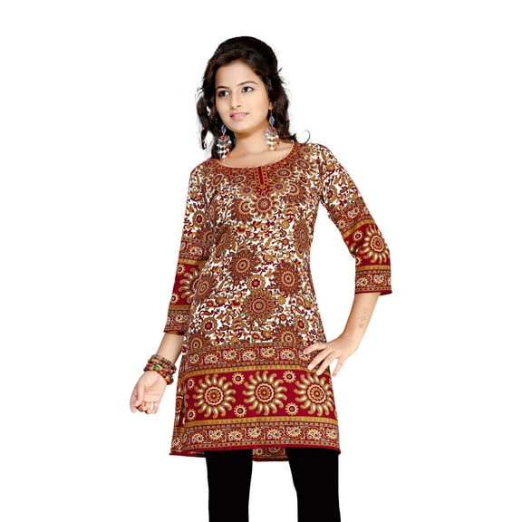 Maroon 3/4 sleeve Indian Printed  Kurti Tunic Women Kurta-Large