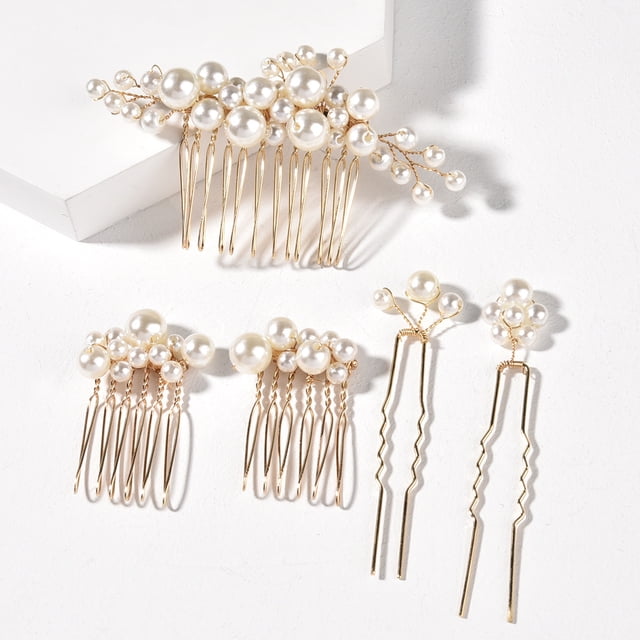 5 Piezas Peineta para el Cabello de Novia con Perlas, Peinetas Laterales para Novia con Diamantes de imitación, Pinzas para el Cabello, Tocado de Boda Nupcial con Perlas Vintage, Juego de Horquillas