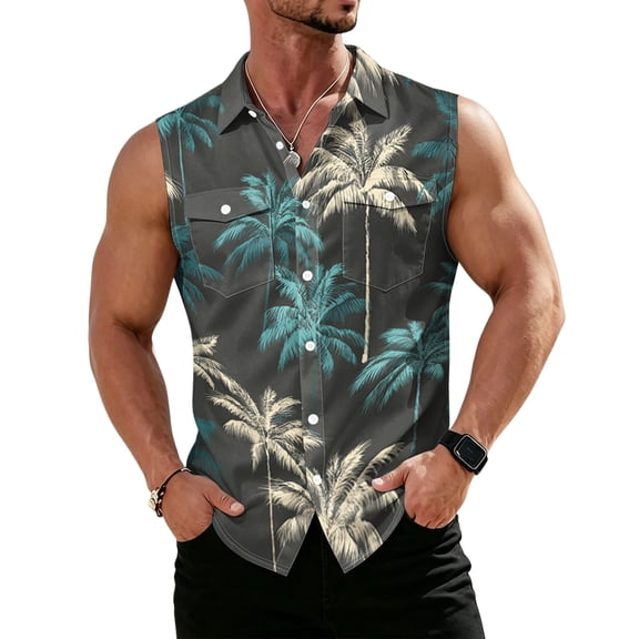 longantii Mens Shirts Hawaiian Style Vintage Button Down T Shirts Comfy Sleeveless Blouses with Pockets 2026 Summer New Tropical Printed Beach Floral Shirts Khaki L