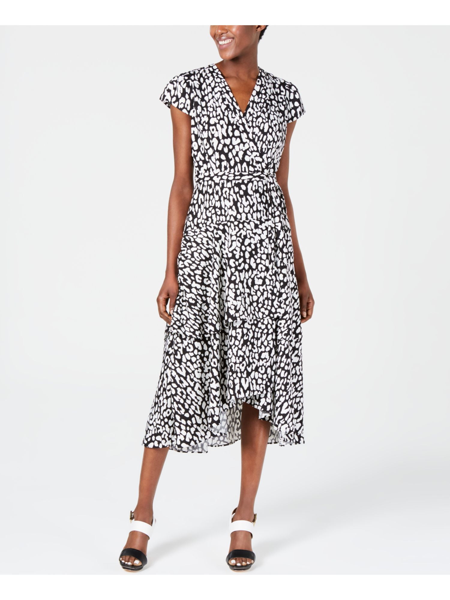 Calvin Klein Women's Long Sleeve Tiered Wrap Dress, Black/Cream, 4 -  Walmart.com