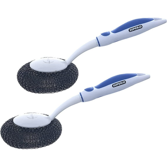 Superio Grill Brush with Long Handle Blue-(2 Pack) Stainless Steel Scourer for Barbecue, Frying Pan, Pot