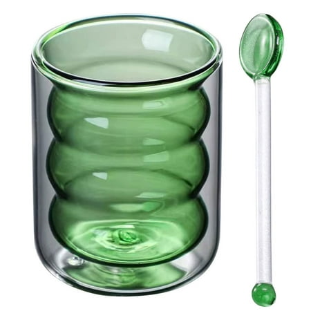 

Aosijia Glass Cup with 1 Spoon 10 Oz Ribbed Glassware Double Wall Glass Coffee Mug Drinking Glasses Green Beverage Cups Ripple Glass Cup Wine Whiskey Glasses Cups for Water Juice Beer Liquor