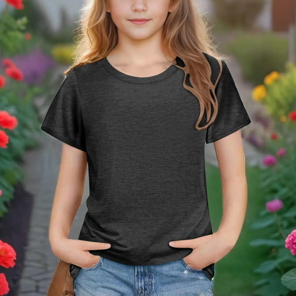 qolati T-Shirt for Girls Crew Neck Dressy Casual Short Sleeve Basic Tees Plain Tunic Summer Shirts Children Girls Tops