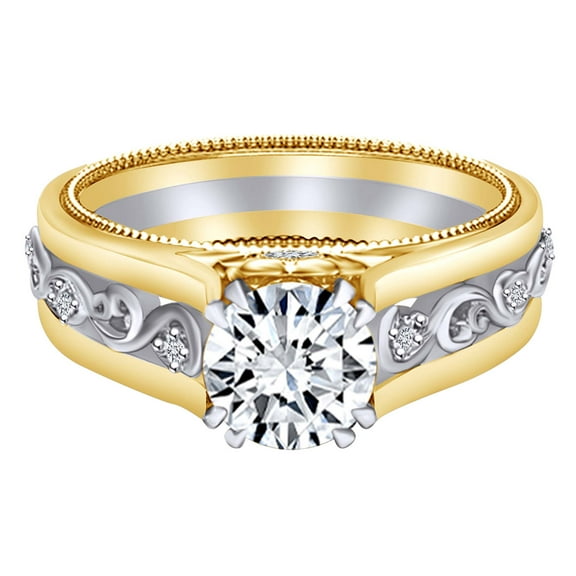 AFFY 1.36 Carat Round Shape Moissanite & Natural Diamond Engagement Ring 14K Solid Yellow Gold Ring Size-5