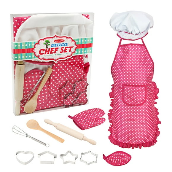 TFixol Kids Cooking and Baking Set 11 PCS with Chef Hat Apron Oven Mitt Kitchen Utensils Children Chef Role Playset Educational Gift for Girls (Pink)