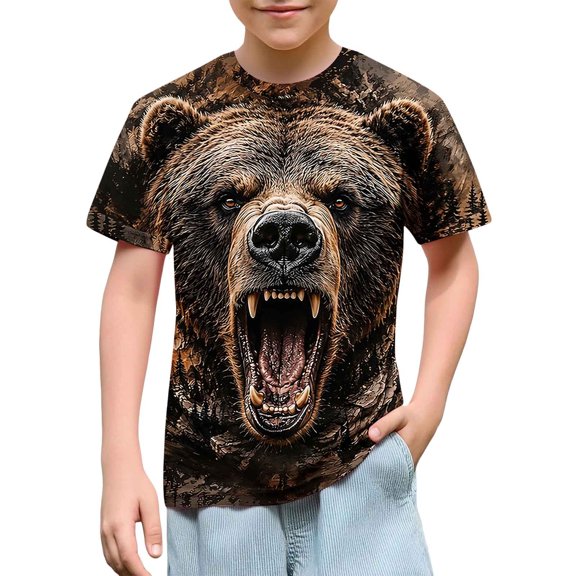 fnnxnal Boys Roaring Grizzly Bear Forest Camo Graphic Tee Short Sleeve Crewneck Multicolor,Size 11-12 T
