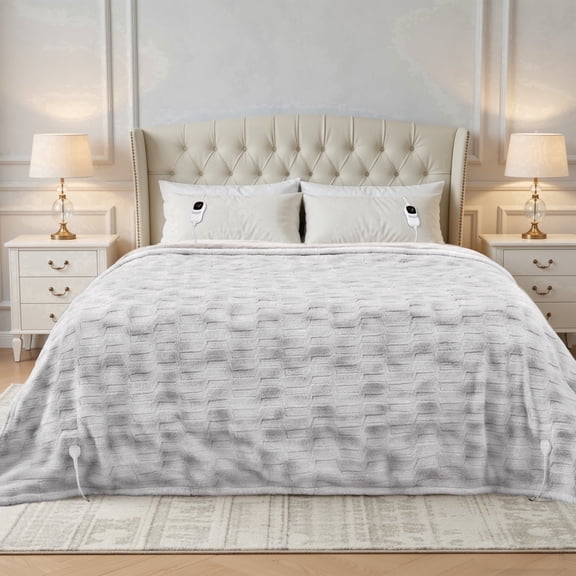 MARNUR Heated Blanket Queen,84"x90" Faux Fur Electric Blanket, Fast Heating with Dual Controllers,10 Heating Levels, 10 Hours Timer, Gray