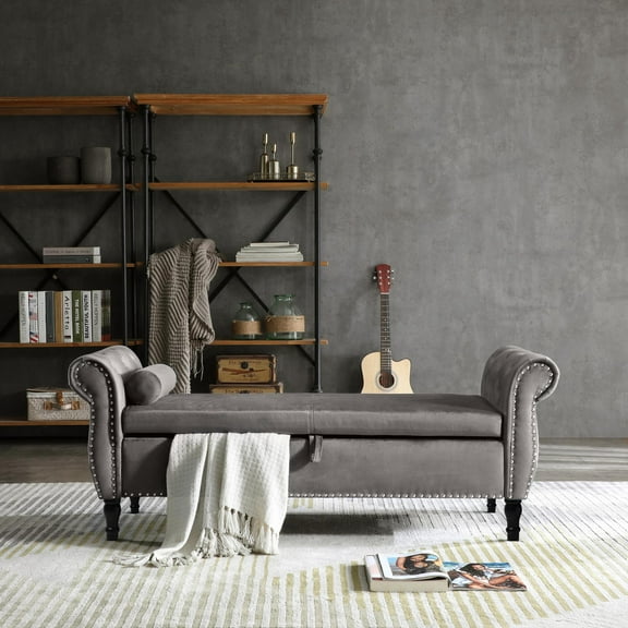 Lisonu Elegant Tufted Chaise Lounge, Grey Velvet Lounge Chair with Nailhead Trim & Pillow, Classic Right-Arm Sofa Chaise with Solid Wood Legs for Living Room, Bedroom