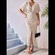 thumbnail image 4 of Vestido de Cóctel para Mujer, con Efecto Metalizado, Cruzado, Color Liso, Escote en V, Plisado, Abertura Alta, Corta, Midi, Color Albaricoque, Talla S, 4 of 9