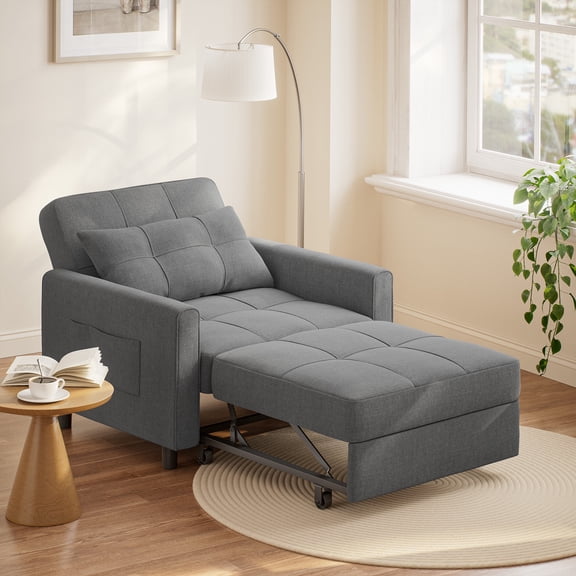 Asofer 3-in-1 Convertible Sofa Bed Chair, Linen Sleeper Pull Out Chair with Adjustable Backrest & Pocket for Living Room, Dark gray