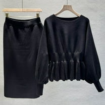 Wancir Long Sleeve Two Piece Skirt Sets Women Outfits Casual Ribbed Knit Wrap Hip Half-body Skirt