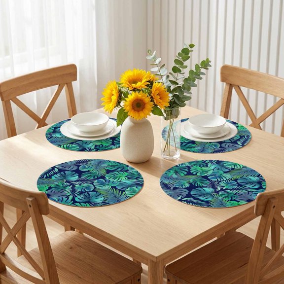Round Placemats Set of 4, Tropical Ferns Palm Leaves Placemat Waterproof Oil-Proof Wipeable Table Mats 12in, Teal Botanical Washable Place Mats for Kitchen Dining Table Party Outdoor