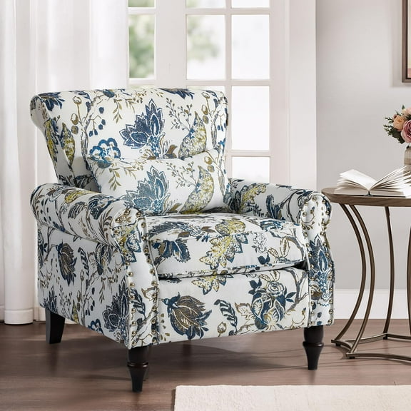 Mid-Century Accent Chair, Floral Wingback Chair with Removable Pillow, High Back Armchair with Wood Legs&Nailhead Trim, Comfy Upholstered Reading Chair for Living Room