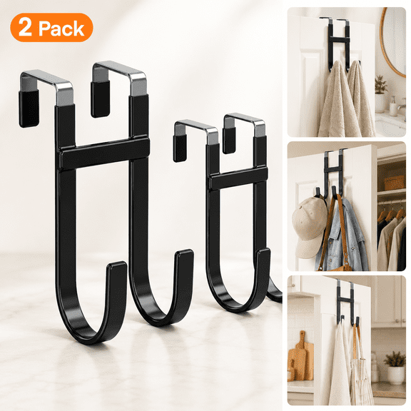 Over The Door Hooks - 2 Pack Heavy Duty Dual-Hook Organizer Hanger with Non-Slip Rubber for Towels, Clothes, Hats & Bags Use in Bathroom, Bedroom, Kitchen - Fits Interior Doors Up to 1 3/8" Black