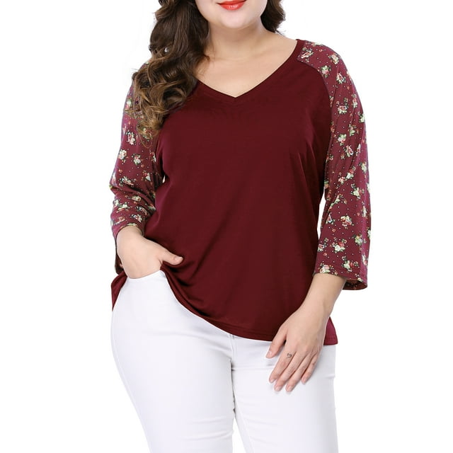GRACE & GRANDEUR Chemises Blouse pour Femmes Grande Taille Col en V Manches 3/4 Raglan à Fleurs Décontracté Printemps Automne Hauts 2X Rouge