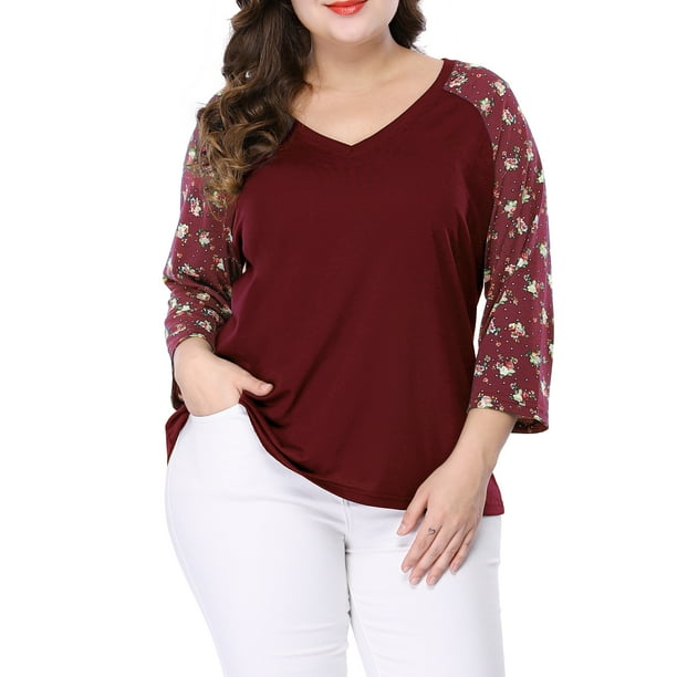 Agnes Orinda Women's Plus Size Fall Contrast Panel Floral V Neck 3/4 ...