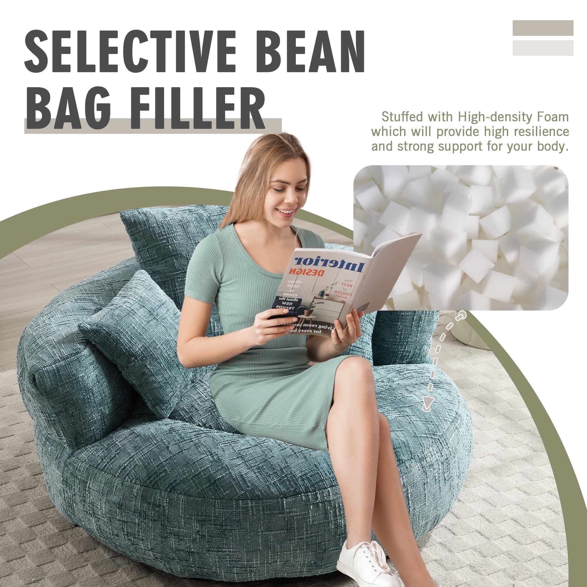 MOONMISS Chenille Upholstered Durable Comfort Lounger Bean Bag Lazy Sofa with Three Pillows-Teal