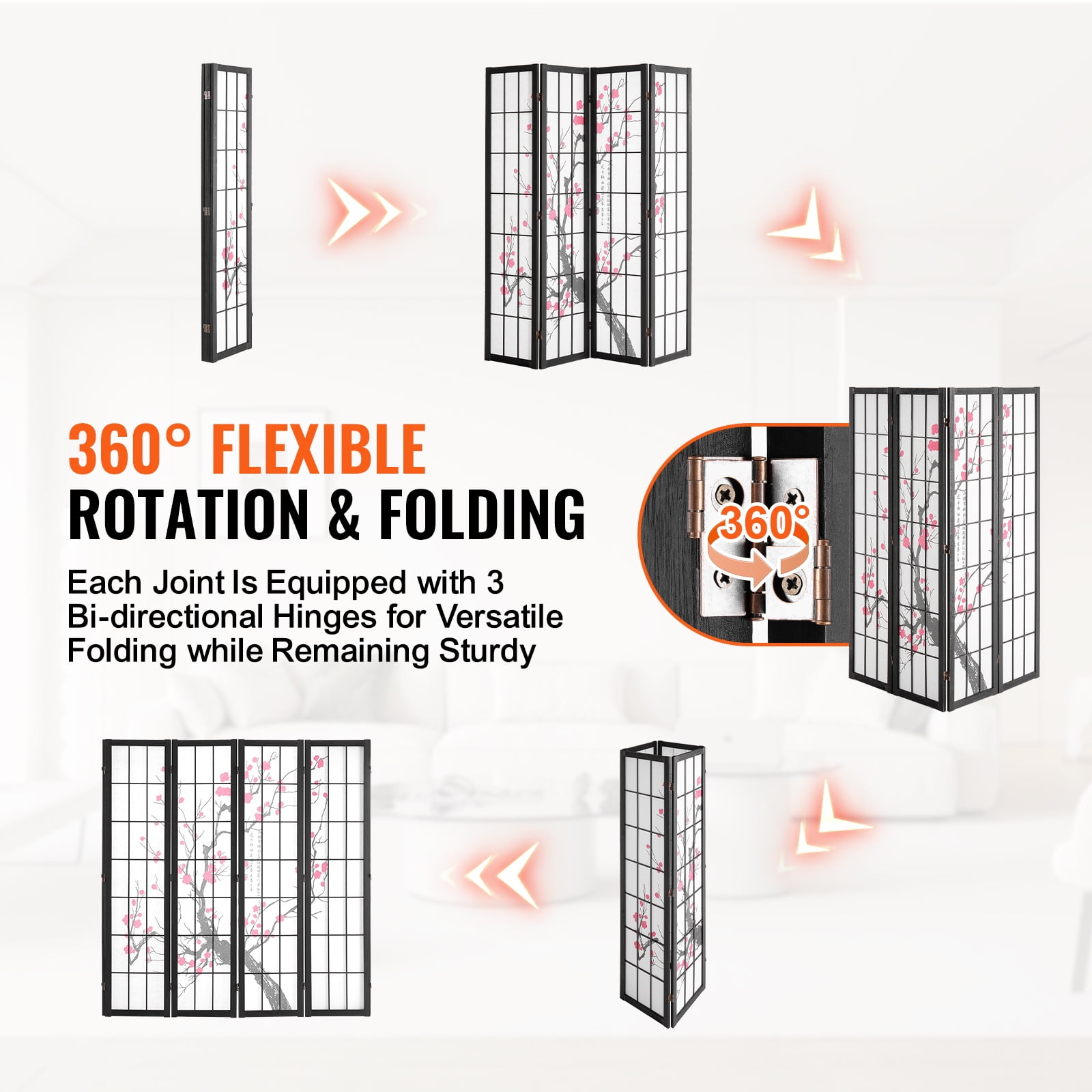 KFFKFF 4-Panel Japanese Room Divider Screen, Wooden Folding Privacy Screen for Indoor Use, Portable Partition for Room Separation and Decoration in Home, Office, Restaurant, and Bedroom