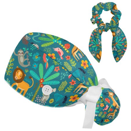 

Working Cap with Buttons and Sweatband Scrub Hat Bouffant Caps with Scrunchie Cartoon Jungle Animals Tie Back Hats