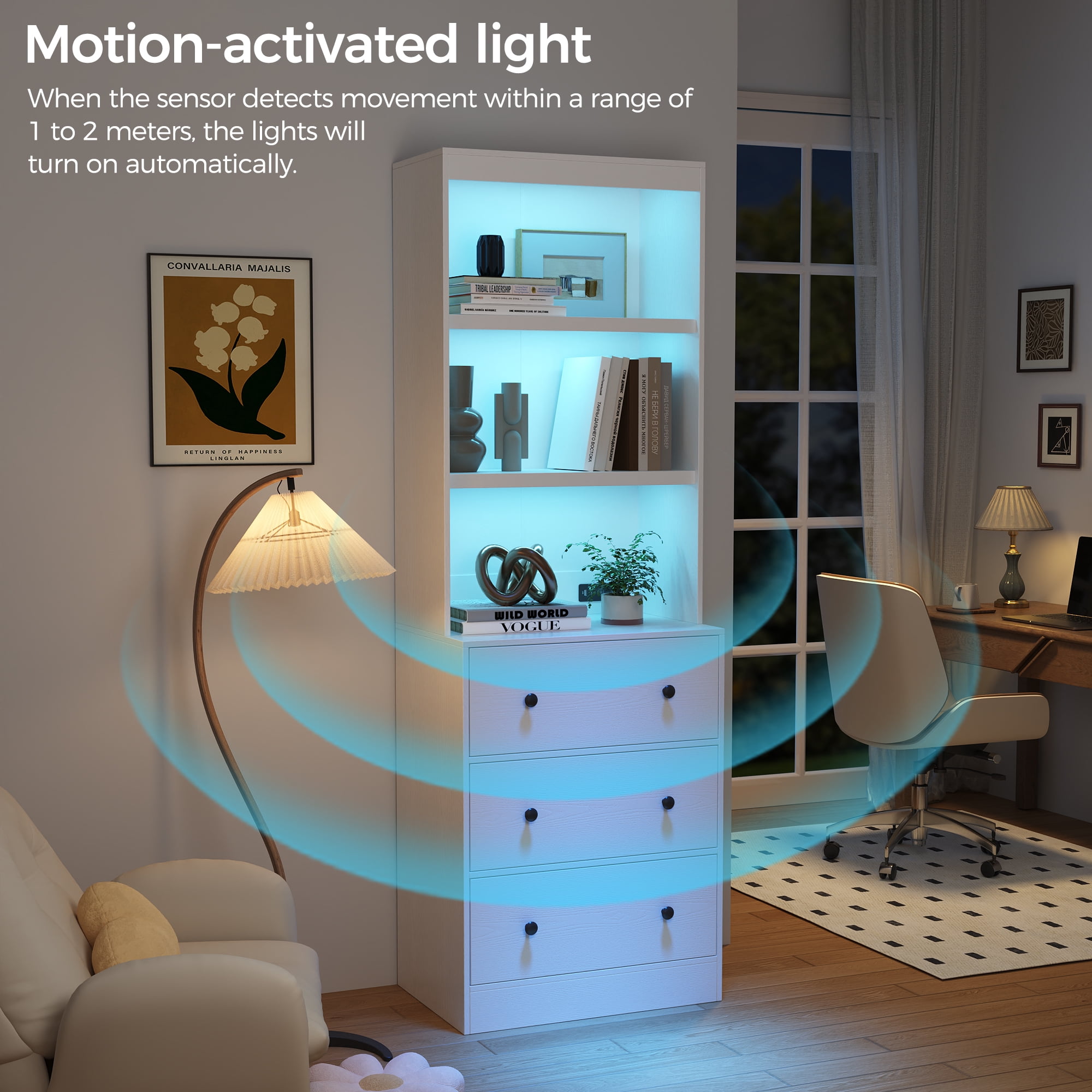 IDEALSOUL 71” Tall Bookshelf with Drawers, White Wooden Bookcase with Charging Station & LED Lights, Freestanding Display Cabinet with Shelves & Large Storage Space for Living Room, Office, Bedroom