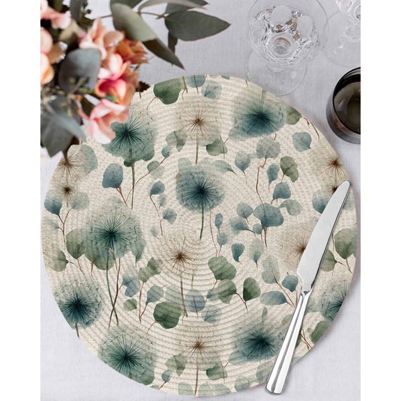 13 Inch Round Placemats Set of 6, Watercolor Dandelion Non Slip Heat Insulation PP Table Mats, Spring Floral Botanical Vintage Beige Washable Place Mats for Kitchen Dining Party Table Decor