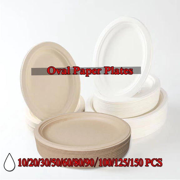 Compostable Oval Paper Plates, 12.5 Inch Sugarcane Dinner Plates, Large Disposable Plates Biodegradable Platters, for Restaurant, BBQ, Parties, Breakfast, Microwave Safe