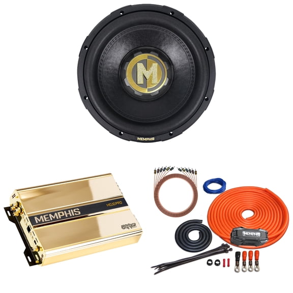 Memphis Audio 60th Anniversary MJP1244 MOJO Pro Series 12" Component Subwoofer with Gold 60th Anniversary MJP1500.1 Monoblock Subwoofer Amplifier and 0GKIT Amp Wiring Kit