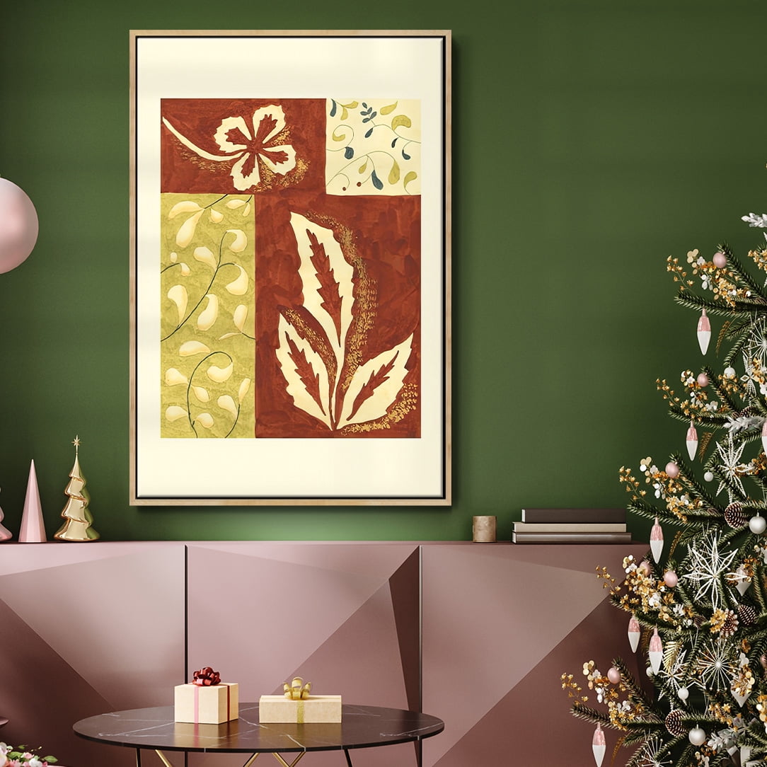 Festive Floral I - Framed Gallery Wrapped Holiday Canvas - 27 x 41 - Natural Wood Frame