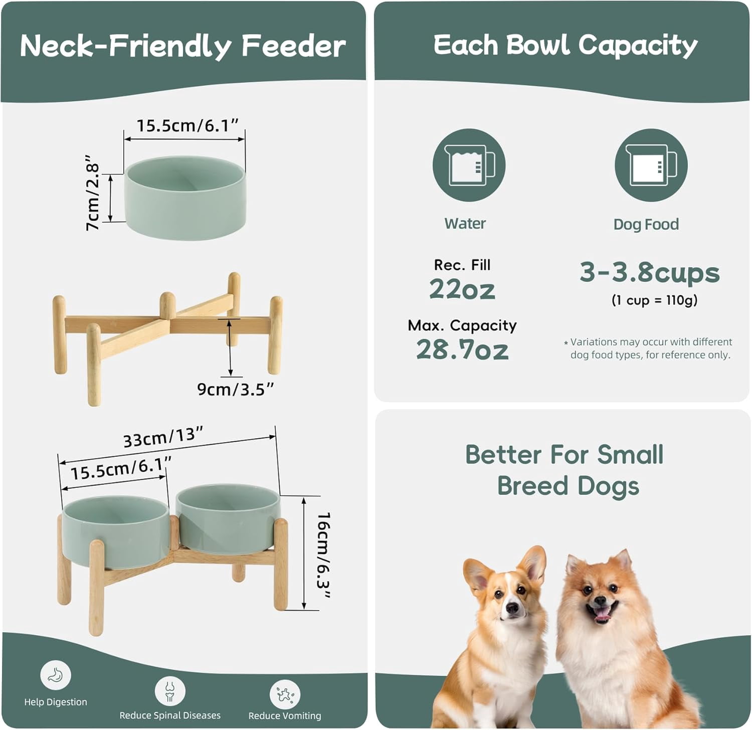 Ceramic 6.1inch Raised Dog Bowl with Stand for Small and Medium Breed Dog Dish Pet Food and Water Bowl (Double Bowl with Stand - Light Green, 28oz)