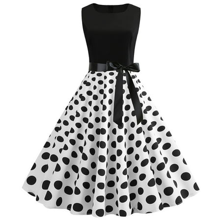 

Follure Dresses for ladies Women Vintage 1950s Retro Sleeveless O Neck Print Evening Party Prom Swing Dress Black XL