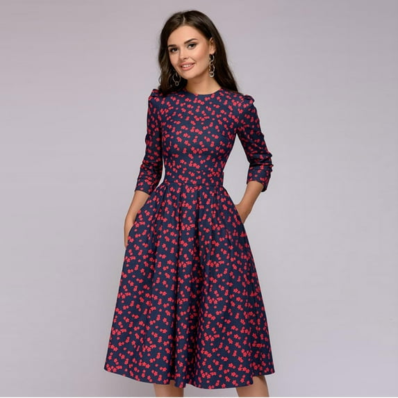 Qmyliery Women's Floral Midi Dress with Pockets Ladies' Vintage Elegant Evening Dress Cocktail Dress