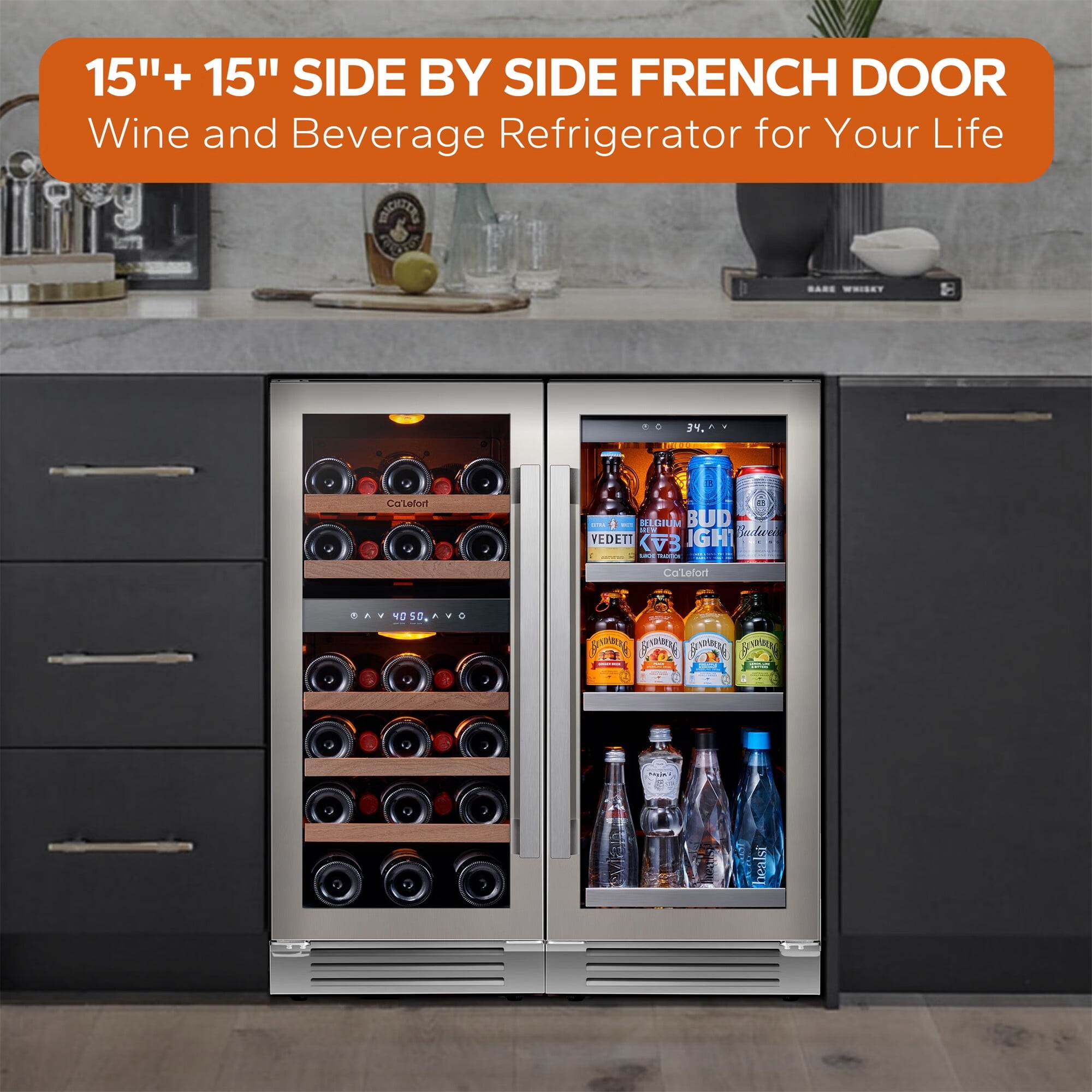 Ca'Lefort 30 Inch Wine Cooler Beverage Refrigerator, Hold 100 Cans and 28 Bottles Dual Zone Wine Fridge Freestanding & Built-in with Stainless Steel Frame for Kitchen Office