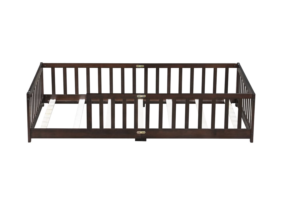Bellemave Twin Size Floor Beds, Wood Montessori Bed with Fence Railings & Support Slats, No Box Spring Needed (Espresso）