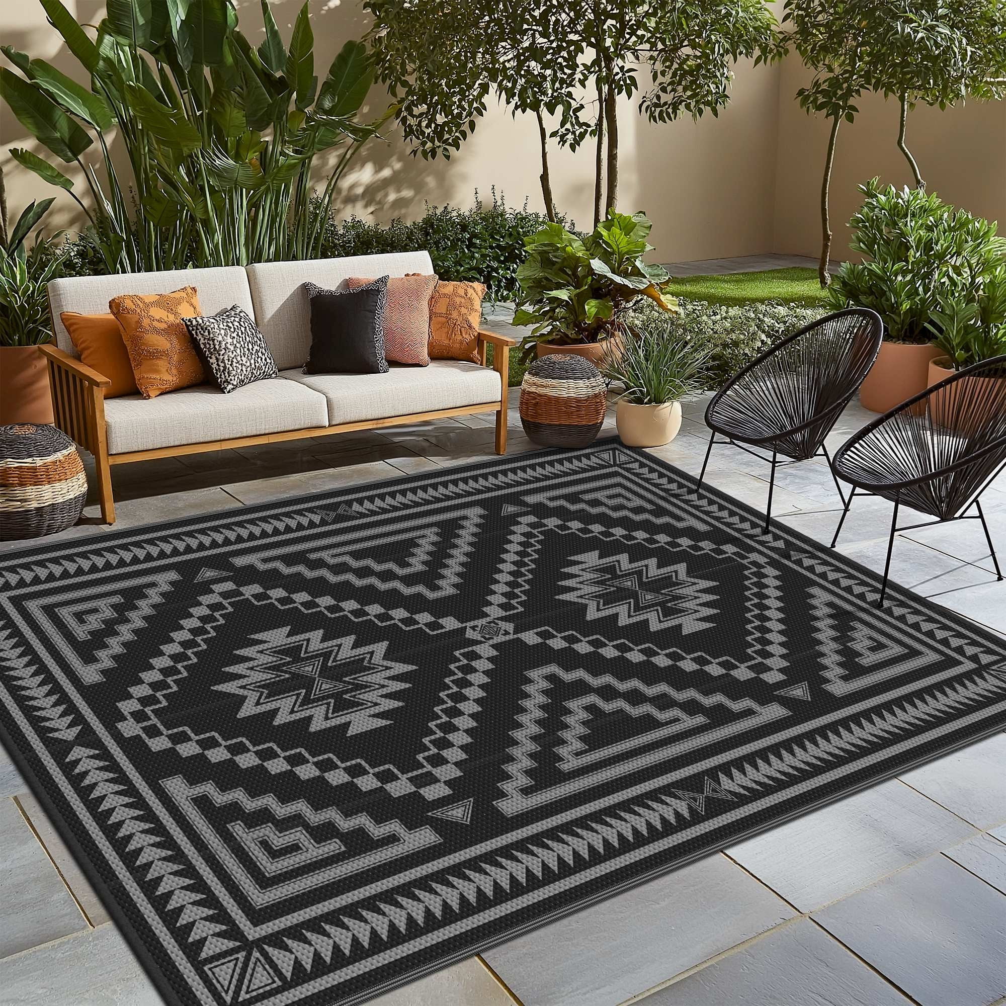 KUETH 5' x 8' Outdoor Rug Waterproof for Patio Carpet Plastic Reversible Straw Outdoor Rug for Camping Picnic Geometric Mat ,Black & Gray