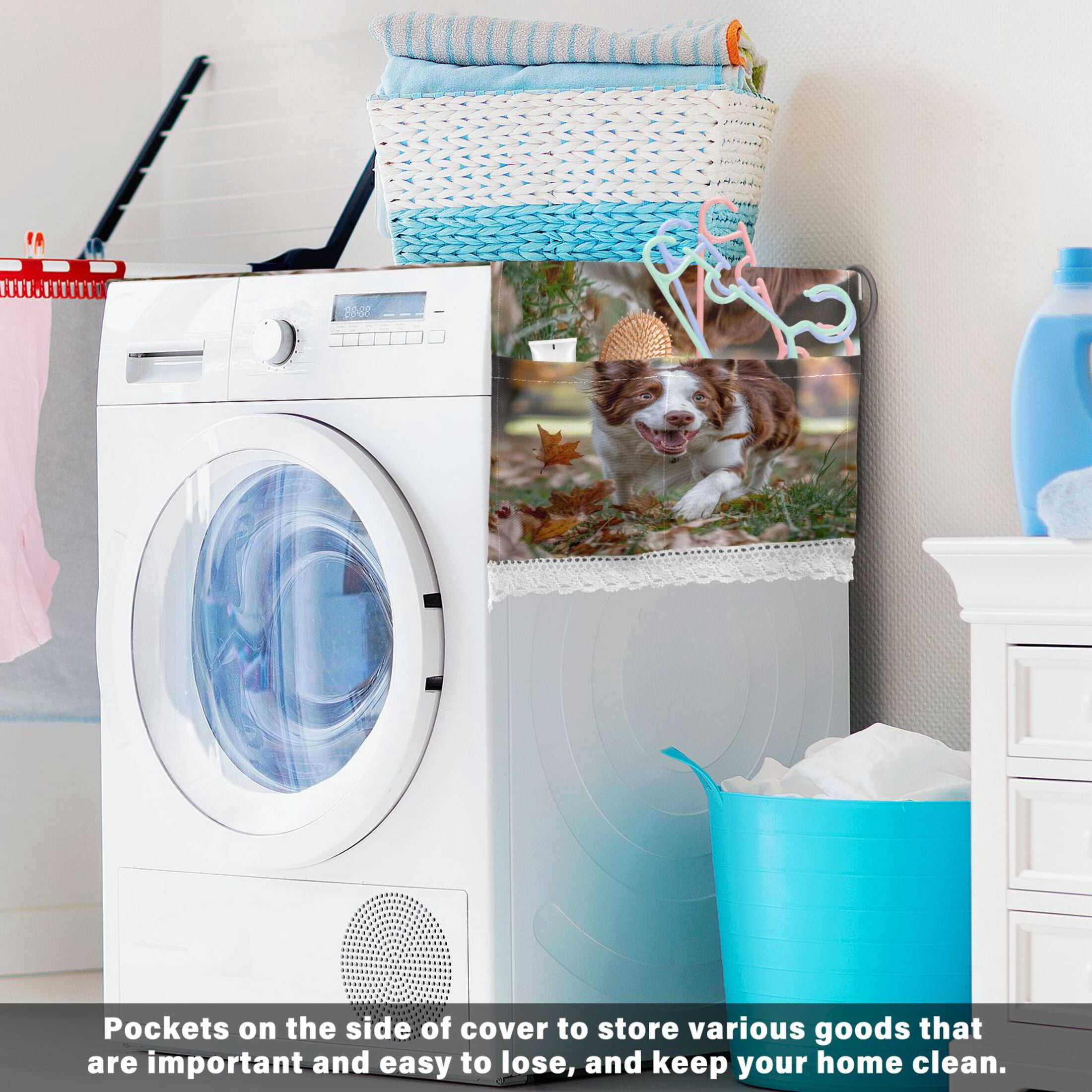 Border DogWasher and Dryer Covers Dust-Proof and Oil Resistant Fridge Cover with 4 Storage Pockets Washing Machine Top Cover for Laundry Kitchen Home 51.2 x 22 In
