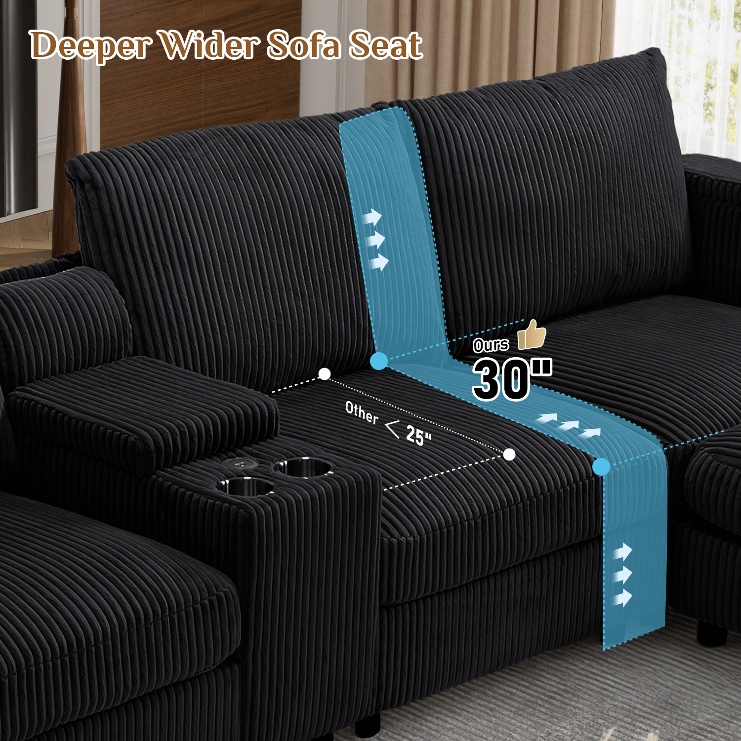 Wiilayok 153" Oversized U-Shaped Cloud Couch Sectional with Modular Design for Living Room: Comfy Corduroy, Ottoman, USB Port, Cup Holder, Armrest Storage, Side Pocket, Black