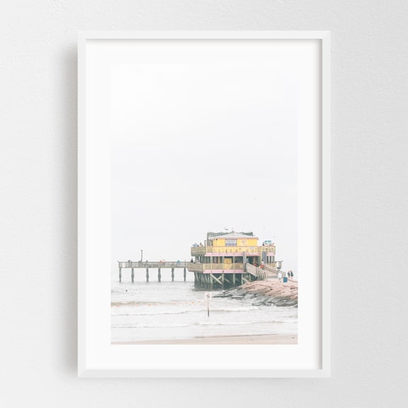 61st Street Fishing Pier - Galveston Texas Photography Boardwalk Beach House Coast Ocean Minimalist Beach White Framed Wall Art Print 12 x 18 inches