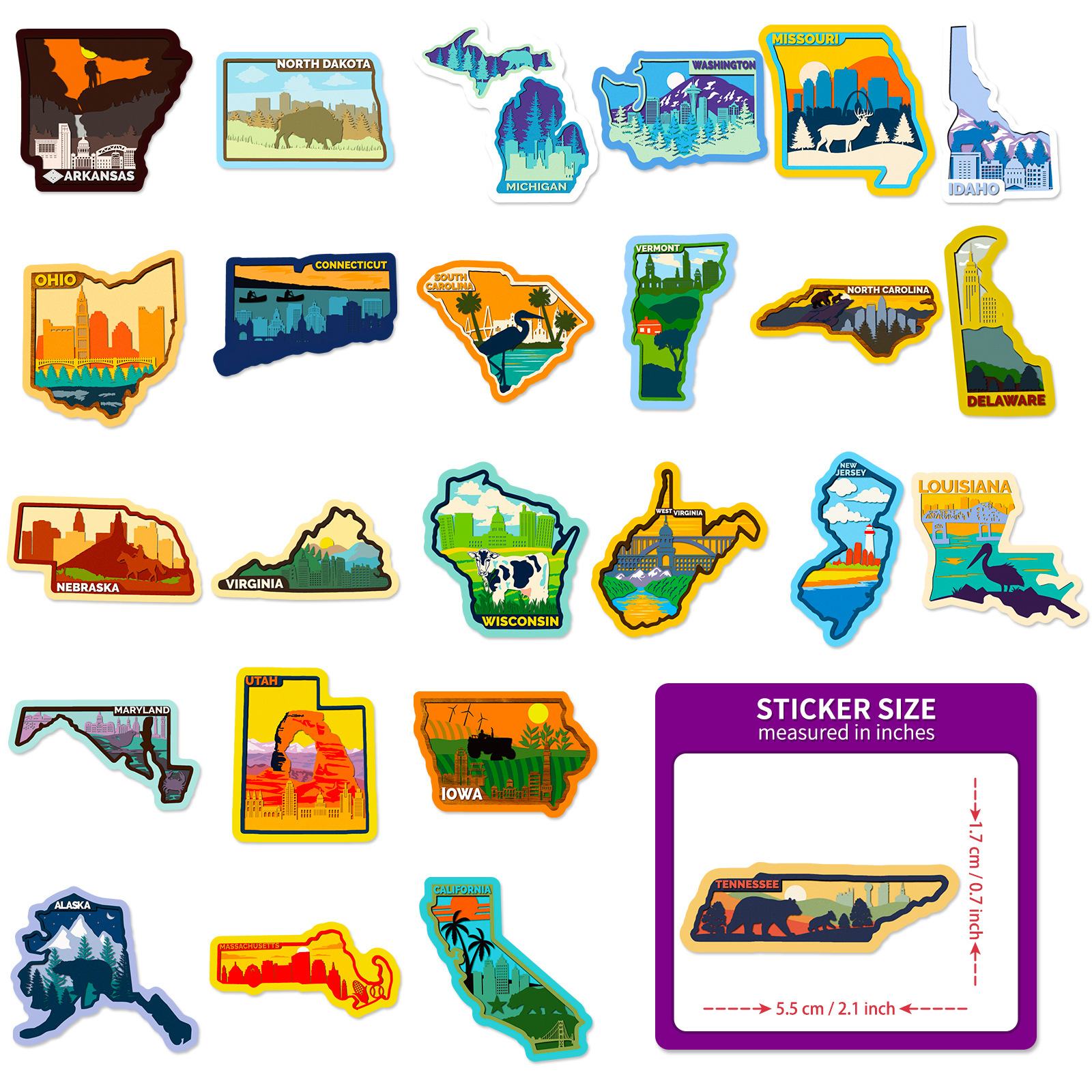 50-Pack USA States Stickers - Graffiti-Style U.S. State Maps and City Map Stickers for DIY and Decoration