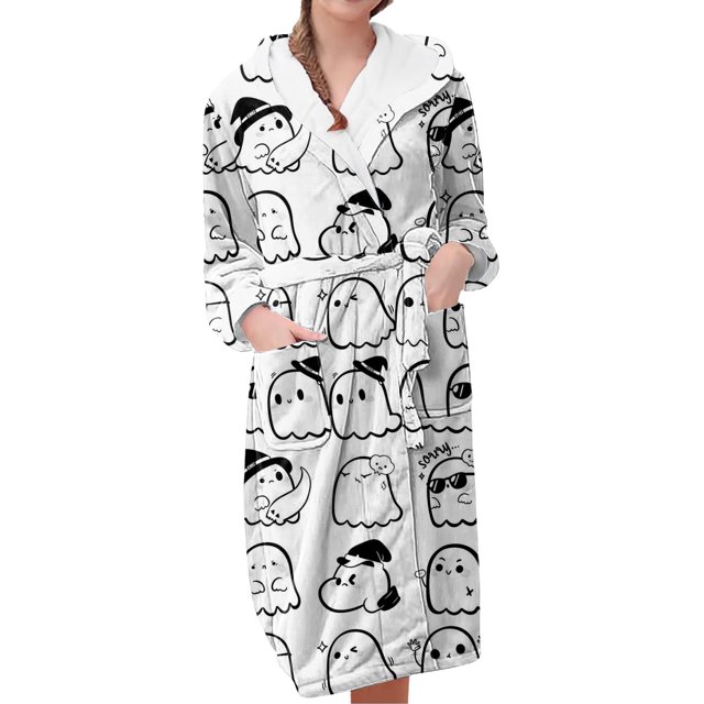 Women's Fleece Plush Robe Long Warm Plush Bathrobe Loungewear Jacket Printed Comfort Robe