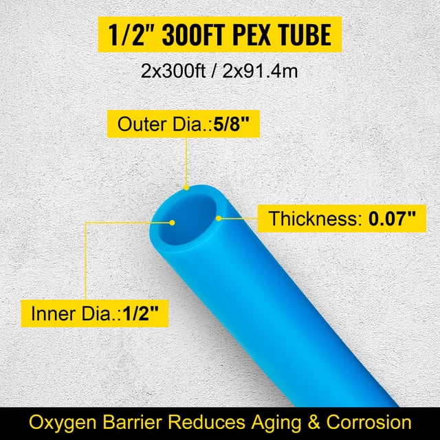 VEVOR PEX Barrera de oxígeno para tubos - 2 rollos de bobina de tubo de 1/2 pulgada x 300 pies - Tubo EVOH PEX-B para tubería Pex de calefacción de piso radiante comercial residencial