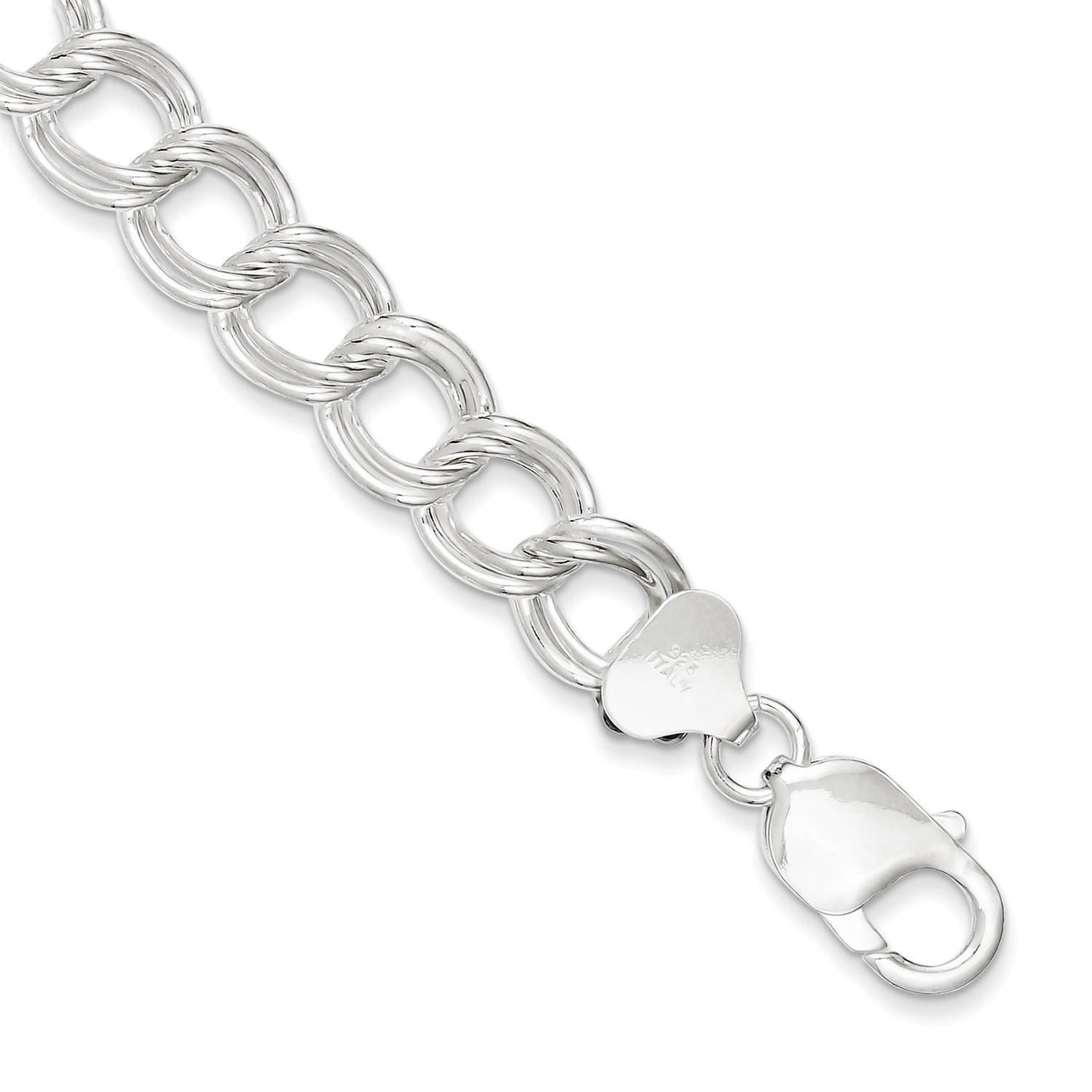 925 Sterling Silver 10.5mm Double Link Charm Bracelet 6.5 Inch Fine