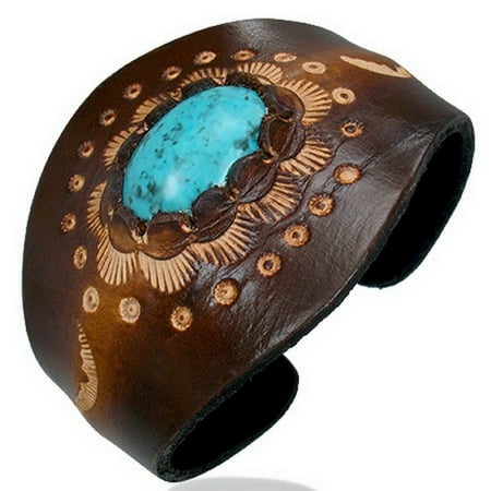 - Brown Tan Leather Blue Turquoise-Tone Engraved Cuff Bangle Womens Adjustable Bracelet