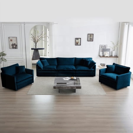 Living Room Sofa Set of 3 - 1+1+3 Seats, Blue, High-End Chenille & Flexible Arrangement