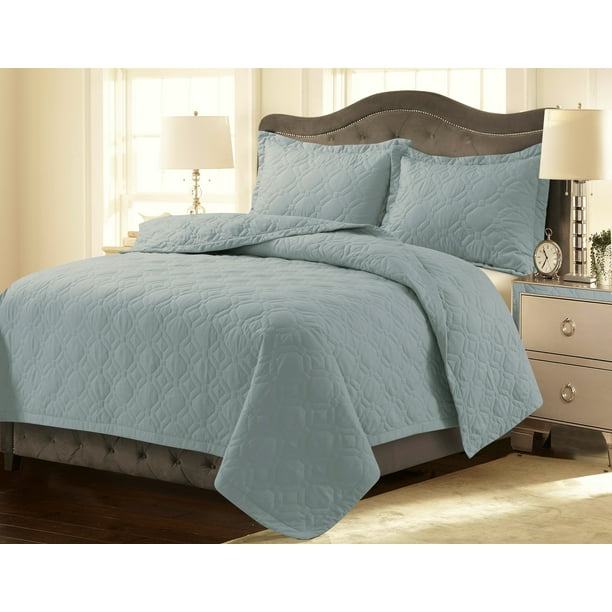 Tribeca Living Lyon Solid Oversized Quilt Set King Sky Blue