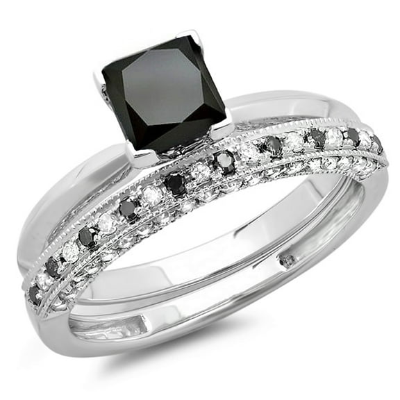 Dazzlingrock Collection 2.00 Carat (ctw) 14K Black & White Diamond Ladies Engagement Ring Set 2 CT, White Gold, Size 6