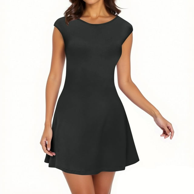 Mgmyaa A-Line Dress Robe Courte d'Été pour Femmes à Col Rond, Manches 1/4, Couleur Unie, Manches Cap, Robe de Cocktail pour Fête