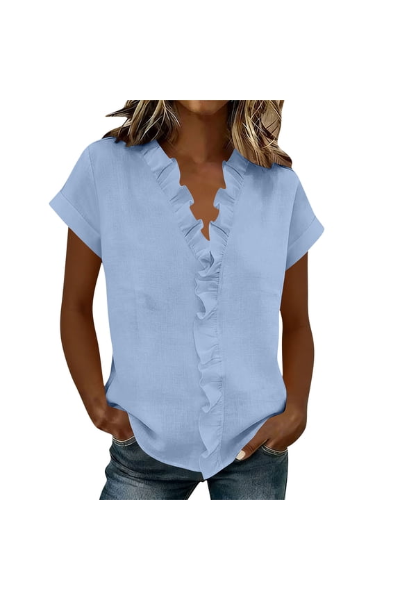 Womens Dressy Casual Tops Ruffle Short Sleeve V-Neck Shirts Elegant Business Work Blouse Blue 2XL