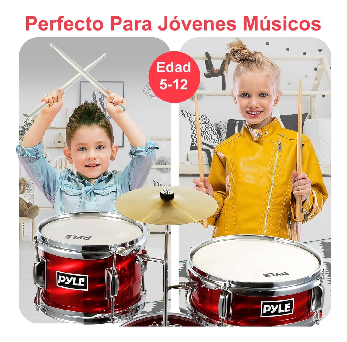 AIYAPLAY Batería Infantil Con Taburete – Set Completo De 7 Piezas Con Bombo, Platillo Y Pedal, Diseño De Estrellas, Para Niños +3 Años, Rojo
