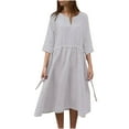 thumbnail image 1 of Birdeem Robe d'Été Ample pour Femme en Coton et Chanvre à Col en V, Manches Trois Quarts, Robe à Cordon, Jupe, 1 of 6